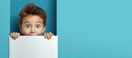 überrascht Kind versteckt hinter einfach Blau Blatt zum Anzeige foto