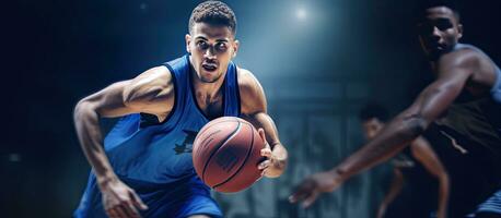 biracial männlich Basketball Spieler im Blau Sportbekleidung Schießen Basketball im ein Fitnessstudio unbearbeitet leeren Bereich foto