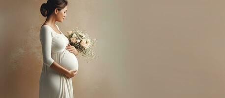 Weiß elegant Kleid schwanger Frau Umarmen Bauch Schwangerschaft Konzept viele von Kopieren Raum Studio Hintergrund Profil Aussicht foto
