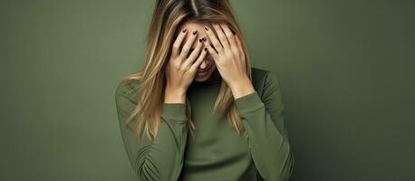 blond Frau mit geschlossen Augen tragen Grün Sweatshirt drückt aus aufrichtig Emotionen foto