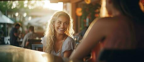 blond Latein Frau beim Sonnenuntergang genießen Snacks serviert draußen foto