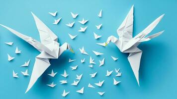 Origami Vögel sind fliegend, Overhead oben Sicht. Weiß Origami Vögel isoliert auf Pastell- Blau Hintergrund. ai generativ. foto