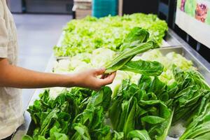 Frau wählen frisch Grüner Salat Salat beim Gemüse Geschäft im Super Markt. foto