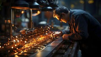 ein Mann Arbeiten auf ein Maschine im ein Fabrik. ai generiert foto