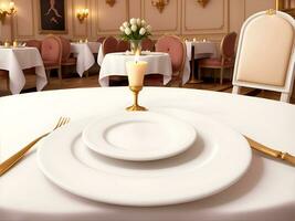 Vorlage leeren Teller im teuer Luxus Restaurant. Geschirr Portion Attrappe, Lehrmodell, Simulation, Kopieren Raum. foto