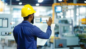 industriell Fabrik Ingenieur beim arbeiten. Arbeiten zurück Sicht. foto