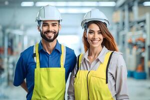 Porträt von glücklich industriell Fabrik Arbeitskräfte. Mann und Frau, Fachmann Arbeiter im ein Helm. Arbeit Tag Konzept mit Personen. ai generativ foto