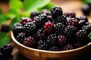 saftig organisch Brombeeren im Herbst Tablett Markt Landwirtschaft Bauernhof Hintergrund oben Aussicht foto