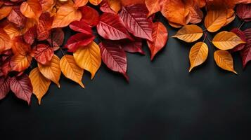Herbst Hintergrund mit farbig rot Blätter auf schwarz Schiefer Hintergrund oben Aussicht Kopieren Raum foto