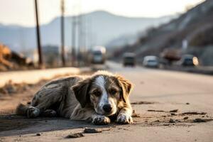 verlassen Hund auf das Straße foto