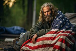 obdachlos Mann schläft auf das Pflaster im das USA versteckt hinter das amerikanisch Flagge foto