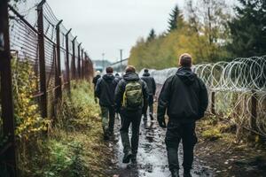 Einwanderung zu Deutschland jung Männer Stehen beim das Rand Zaun foto