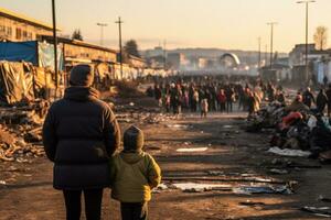 Menge von Flüchtlinge Aussicht von das zurück mit Mitarbeiter und Kinder foto