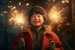 Chinesisch Junge Feuerwerk. generieren ai foto