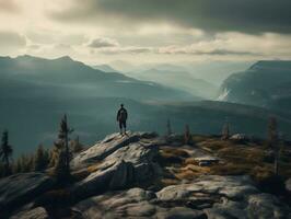 ein szenisch Berg Landschaft mit ein Wanderer Stehen auf ein felsig Gipfel generativ ai foto