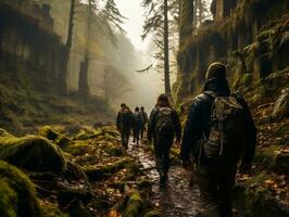 ein Gruppe von vielfältig freunde Wandern durch ein dicht Wald generativ ai foto