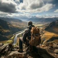 ein Backpacker nehmen ein brechen und genießen das Aussicht von ein Bergspitze generativ ai foto