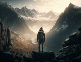 ein Wanderer Stehen auf ein felsig Leiste, suchen aus beim ein riesig Berg Angebot generativ ai foto