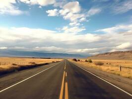 ein öffnen Straße verschwinden in das Horizont, Erfassen das Sinn von endlos Möglichkeiten während das Mittelpunkt von ein Straße Ausflug generativ ai foto