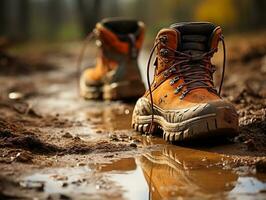 ein Nahansicht von ein Wanderer abgenutzt Stiefel auf ein staubig Weg generativ ai foto