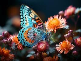 Makro Insekt Fotografie Erfassen das zart Schönheit von ein bunt Schmetterling thront auf ein Blühen Blume generativ ai foto