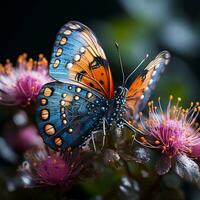 Makro Insekt Fotografie Erfassen das zart Schönheit von ein bunt Schmetterling thront auf ein Blühen Blume generativ ai foto