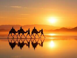Kamele Silhouette auf das Salz- See beim Sonnenaufgang generativ ai foto