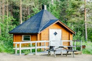 ein klein hölzern Kabine mit ein Picknick Tabelle und ein Dach foto