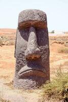 ein groß Stein Moai Statue im das Mitte von ein Wüste foto