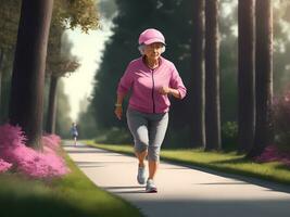 glücklich Senior Frau läuft im das Park, tut Sport und führt ein aktiv gesund Lebensstil. Fitness, Sport und gesund Lebensstil Konzept. inklusive zugänglich Umgebung zum Rentner. ai generiert foto