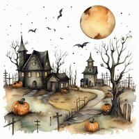 Halloween Hintergrund mit Schloss, verfolgt Haus, Schläger, gotisch Szene, Landschaft Aquarell Landschaft Illustration ai generiert foto