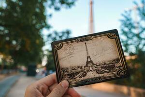 froh Person halten Eiffel Turm Postkarte foto