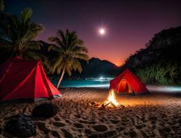 ai generativ Camping Szene mit Zelt auf sandig Strand beim Nacht unter Palme Bäume foto