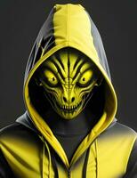 ai generiert Porträt von schwarz und Gelb futuristisch Außerirdischer Kreatur im schwarz Kapuzenpullover auf Weiß Hintergrund foto