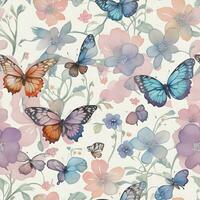 ai generativ nahtlos Muster künstlerisch Schmetterling und Blumen Hintergrund, Aquarell Banner foto