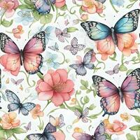 ai generativ nahtlos Muster künstlerisch Schmetterling und Blumen Hintergrund, Aquarell Banner foto