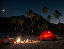 ai generativ Camping Szene mit Zelt auf sandig Strand beim Nacht unter Palme Bäume foto