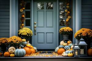 Vorderseite Tür mit fallen Dekor, Kürbisse und Herbstthema Dekorationen foto