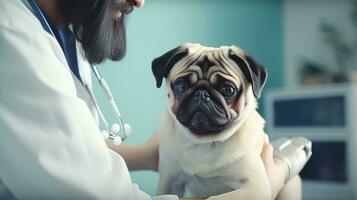 ein Tierarzt im ein Klinik suchen beim ein Hund foto