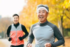 reifen asiatisch Mann Laufen beim Park im Herbst. generativ ai foto