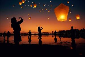 Herbst Laterne Festival beim Nacht. generativ ai foto