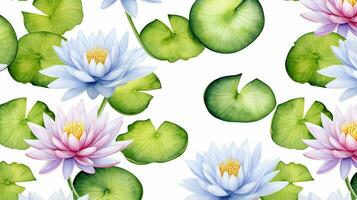 nahtlos Muster von Wasser Lilie Blume im Aquarell Stil isoliert auf Weiß Hintergrund. Wasser Lilie Blume Textur Hintergrund. generativ ai foto