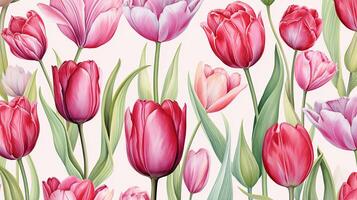 nahtlos Muster von Tulpe Blume im Aquarell Stil isoliert auf Weiß Hintergrund. Tulpe Blume Textur Hintergrund. generativ ai foto