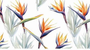 nahtlos Muster von Vogel von Paradies Blume im Aquarell Stil isoliert auf Weiß Hintergrund. Vogel von Paradies Blume Textur Hintergrund. generativ ai foto