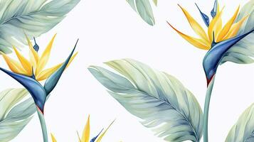 nahtlos Muster von Vogel von Paradies Blume im Aquarell Stil isoliert auf Weiß Hintergrund. Vogel von Paradies Blume Textur Hintergrund. generativ ai foto