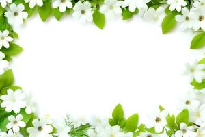 Blumen- Rand Rahmen Karte Vorlage. Grün Blumen, Blätter, zum Banner, Hochzeit Karte. Frühling Komposition mit Kopierraum, generativ ai Illustration foto