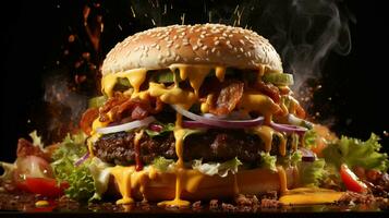 köstlich saftig Burger mit Fleisch Rindfleisch Schnitzel und Käse mit Grüns mit Sesam Samen Gebäck. schnell Lebensmittel. ai generiert foto
