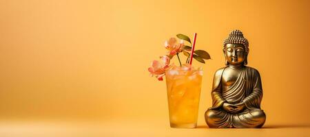 golden glänzend Budha mit Cocktail isoliert auf Pastell- Hintergrund mit ein Platz zum Text foto