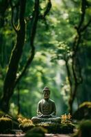 ein heiter und friedlich Bild von ein Buddha Statue im ein mit gekreuzten Beinen Meditation Pose foto