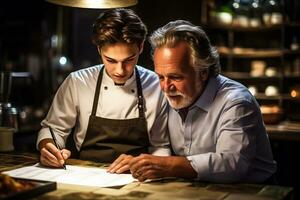 ein erfahren männlich Koch Mentoring ein jung Lehrling im ein Restaurant Küche foto